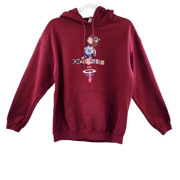 Kanye West GRADUATION Themed Dropout Bear Mascot Maroon Red Hoodie Men's Size M - Picture 2 of 8